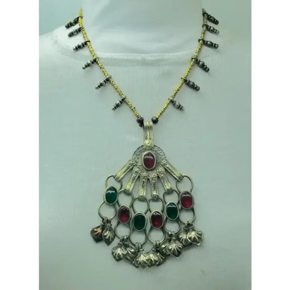 Pendant Necklace, Tribal Big Pendant With Red and Green Glass Stones and Beaded - Picture 1 of 11